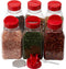 Spice Jars - 16 oz. clear plastic spice containers with shaker red two sided flip tops lids shaking sifter spoon caps - 6 sets - plus 2 mini spoons and 6 White indicating labels