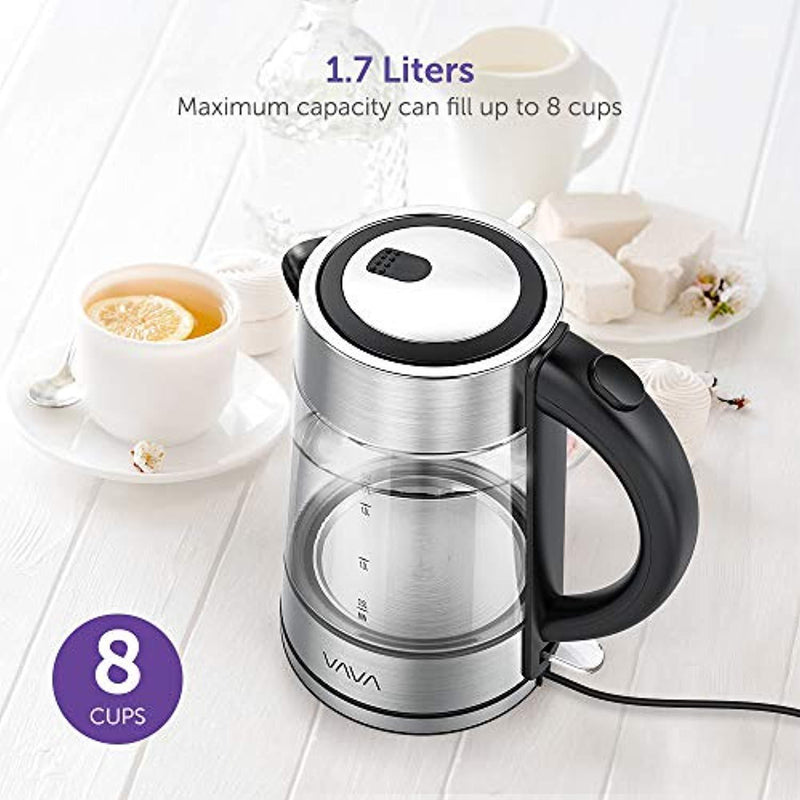 VAVA Electric Kettle, 1.7L Glass Tea Kettle, Fast Boiling and Cordless Water Kettle with LED Indicator Light, 100% Stainless Steel Inner Lid & Bottom, Boil-Dry...