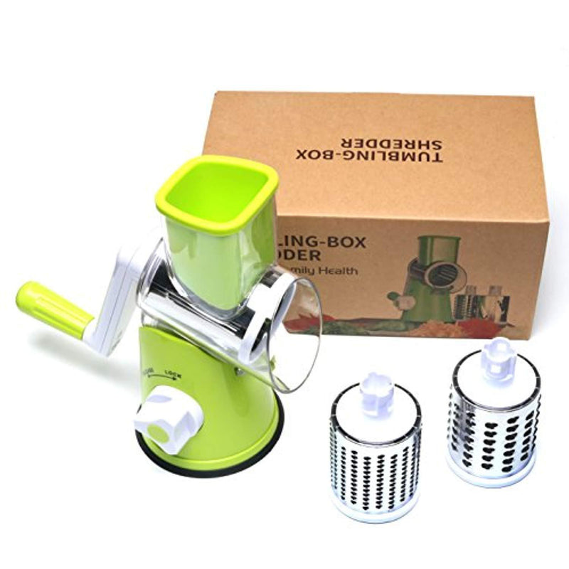 Edofiy E-KW-D020 Manual Speedy Rotared Vegetable Fruit Cheese Nut Slicer Cutter Shredder Grinder with 3 Interchangeable Round Stainless Steel Blades, Large, Green