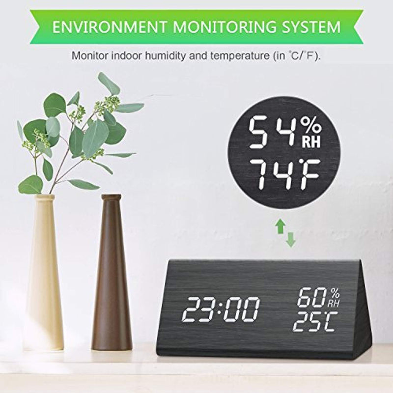 Digital Alarm Clock, Dual Time (12/24) Mode, Three Alarm Sets, Date LED Display, 3 Levels Brightness, Temperature and Humidity Wood Grain Clock for Bedrooms