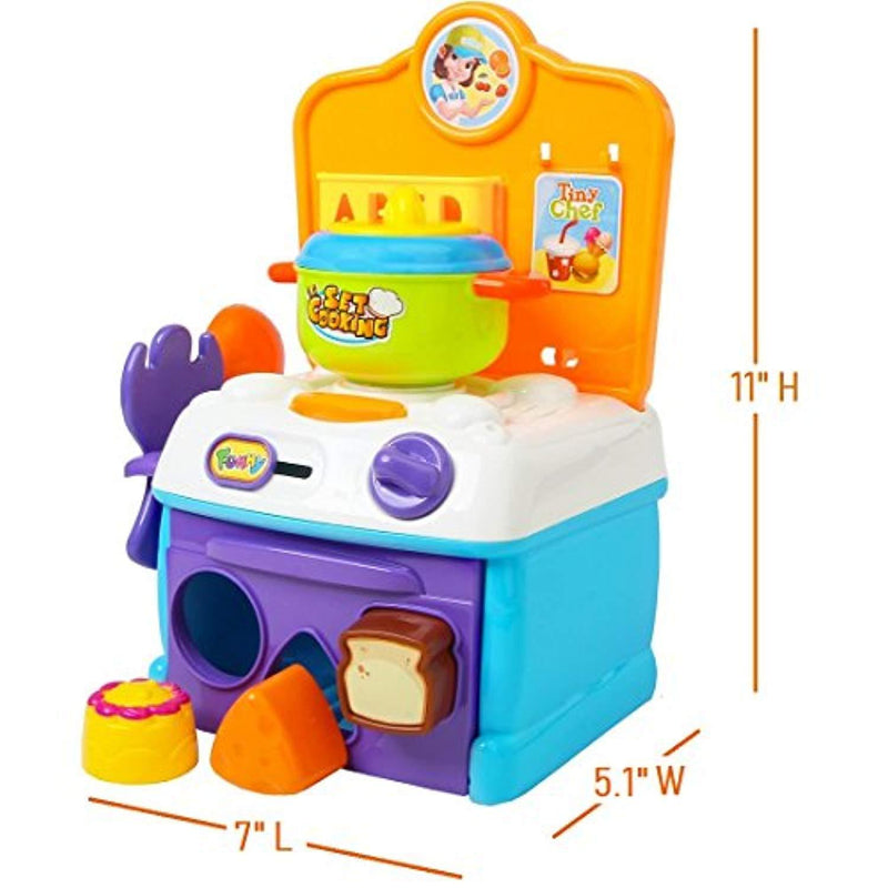 FUNERICA My First Toy Oven and Play Stove Cook-Top | with Shape Sorter Pieces and Cutting Vegetables Toy Set - Compact Play Kitchen for Young Kids Boys and Girls