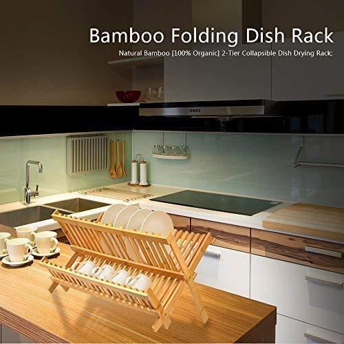 Bamboo Dish Drying Rack, SZUAH Collapsible Dish Drainer, Foldable Dish Rack Bamboo Plate Rack, By 100% Natural Bamboo (17.5" x 13" x 9.6")