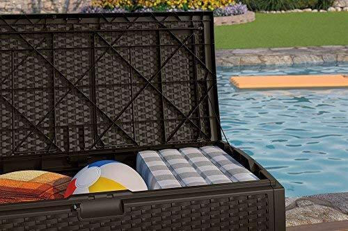 Suncast 73-Gallon Medium Deck Box - Lightweight Resin Indoor/Outdoor Storage Container and Seat for Patio Cushions, Gardening Tools and Toys - Store Items on Patio, Garage, Yard - Mocha Brown
