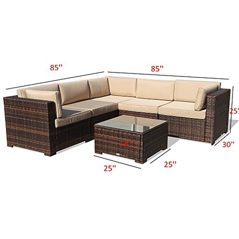 PATIOROMA Outdoor Furniture Sectional Sofa Set (6-Piece Set) All-Weather Brown PE Wicker with Beige Seat Cushions &Glass Coffee Table| Patio, Backyard, Pool| Steel Frame