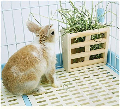 Small Animals Cage Accessories- Rabbit Hay Feeder Rack,Natural Wooden Hay Manger, Hamster Gerbil Rat Lookout Platform Sport Play Exercise Toy