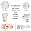 300PCS Rose Gold Paper Party Supplies - Disposable Paper Plates Dinnerware Set Rose Gold Dots 50 Dinner Plates 50 Dessert Plates 50 Cups 50 Napkins 50 Straws 50 Balloons Birthday Party Wedding Holiday Rose Gold
