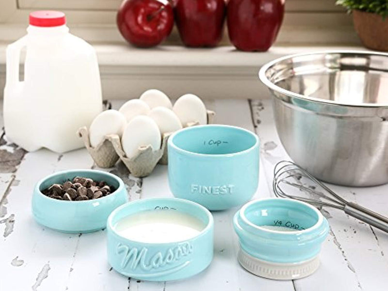 Mason Jar Measuring Cups Set - Set of 4 Ceramic Measuring Cups (1/4, 1/3, 1/2, 1 cup) in Rustic, Antique, Farmhouse Design Perfect for Your Kitchen by Sparrow Decor (Blue)