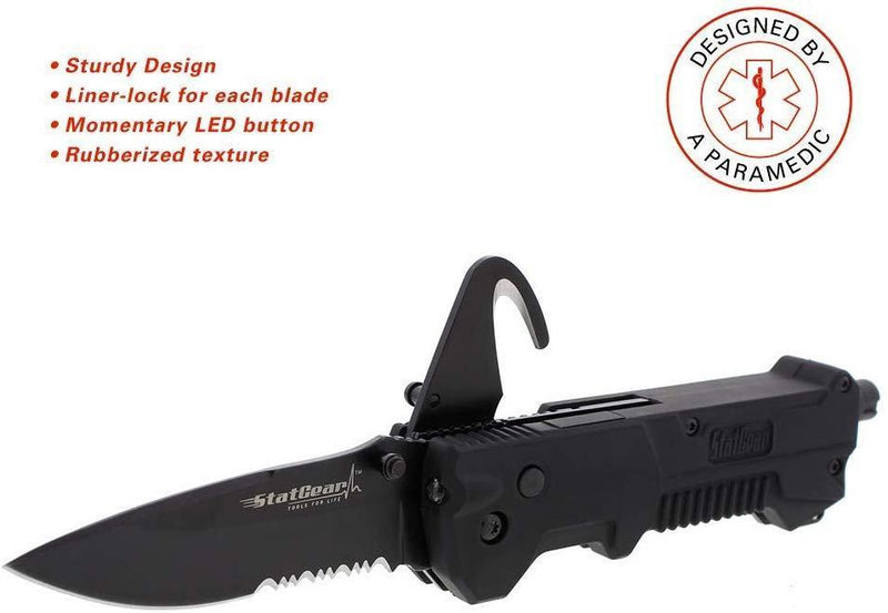 StatGear T3 Tactical Auto Rescue Tool - knife, seatbelt cutter, spring-loaded window punch, light. sheath included