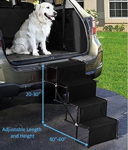 Golden Coast Unlimited Dog Car Accordion Folding Stairs - Metal Frame Collapsible Pet Ramp with Four Steps - Lightweight, Portable, Adjustable Ramp Ladder for Car, SUV, Truck, Couch, Bed