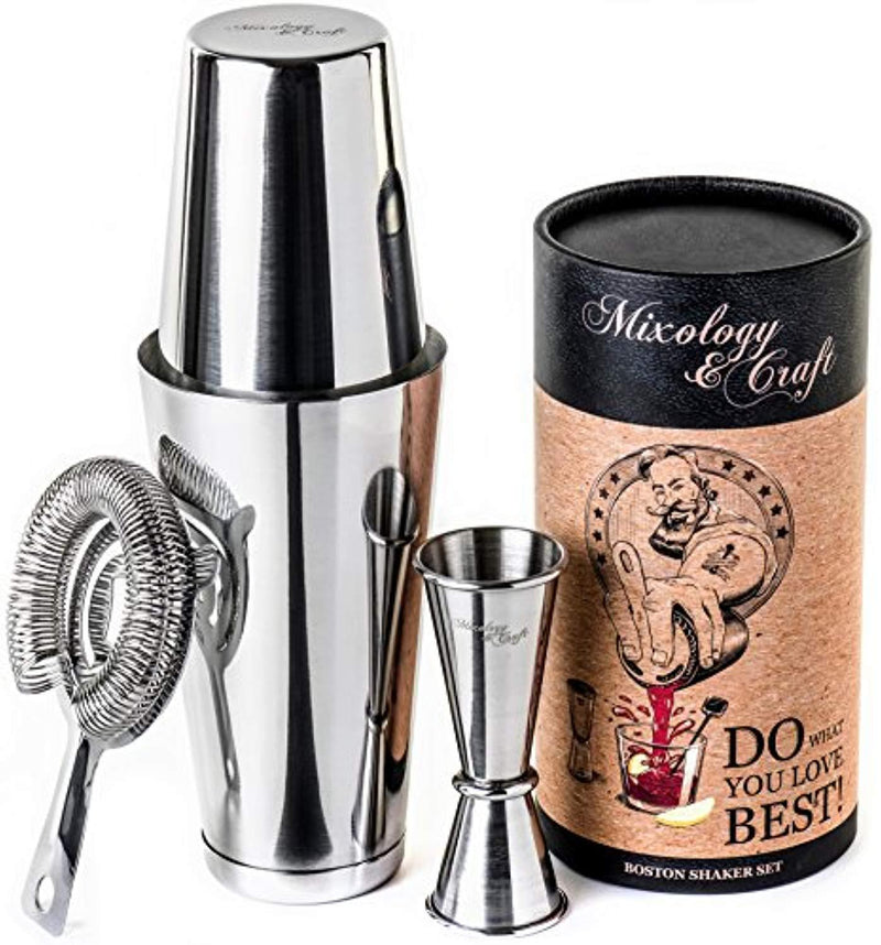 Boston Cocktail Shaker Set: Professional Weighted Bar Shaker with Hawthorne Strainer and Japanese Jigger - Perfect Home Bartender Kit For an Awesome Drink Mixing Experience - Exclusive Recipes Bonus