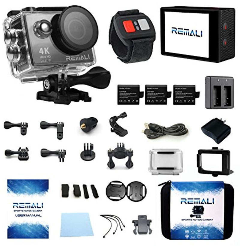 REMALI 4K Ultra HD Sports Action Camera, 1080P@60fps, 12MP, WIFI, Waterproof 30m, 2.4G Remote, 170° Wide Angle, 2” HD LCD Screen, 6 Layer Lens, Extra Battery, Charger, Carrying Case, Accessories