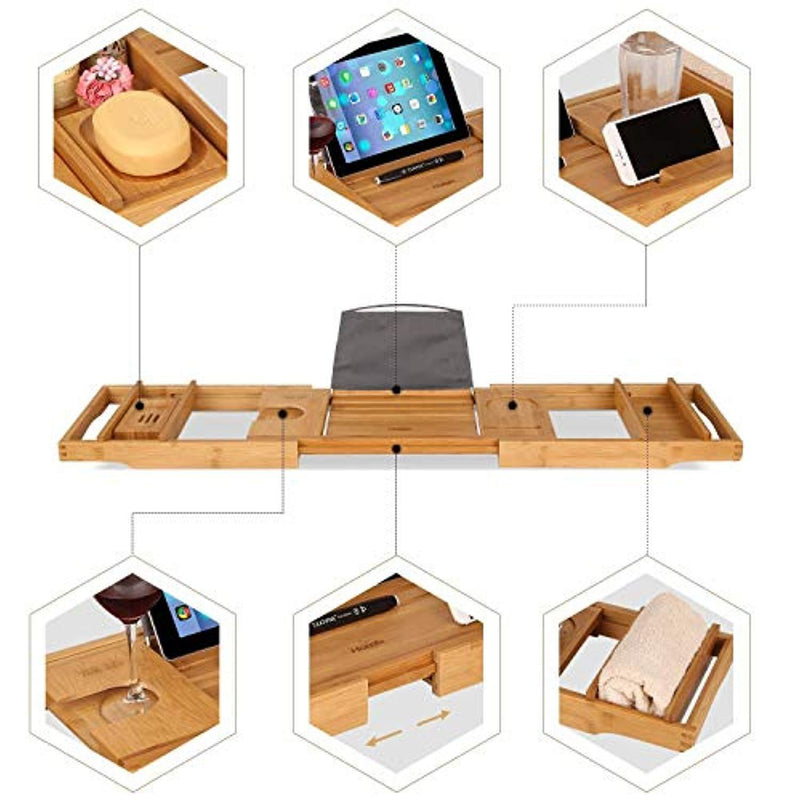 HOMFA Bamboo Bathtub Tray Bath Table Adjustable Caddy Tray with Extending Sides, Cellphone Tray and Wineglass Holder