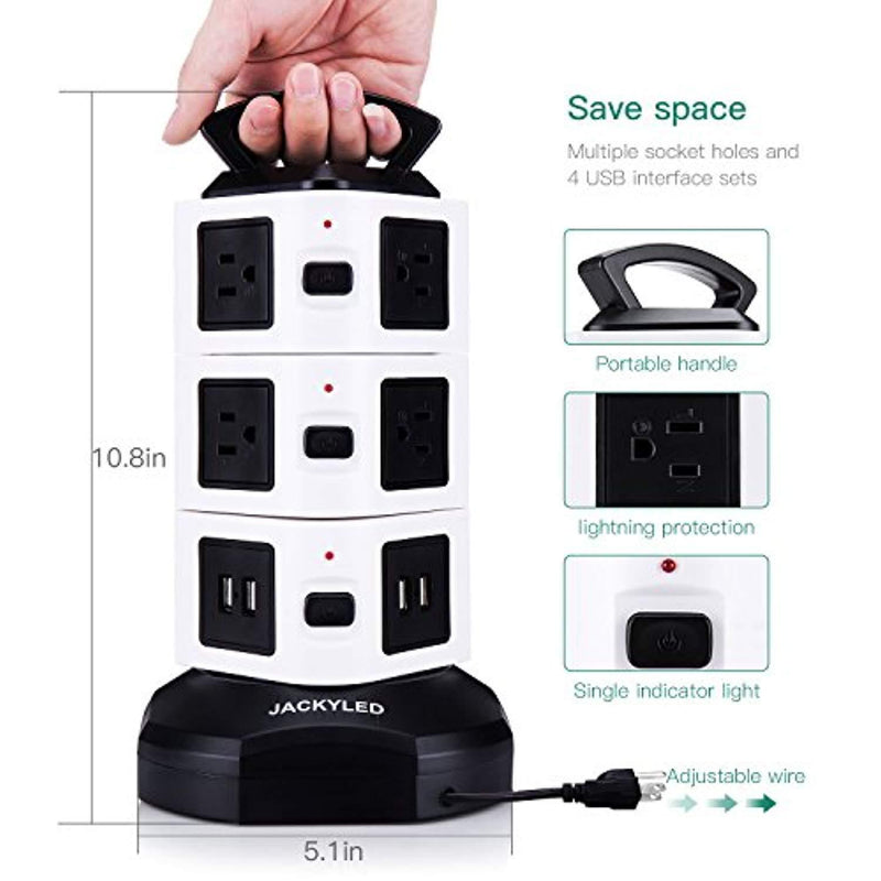 Power Strip Tower JACKYLED Surge Protector Electric Charging Station 3000W 13A 16AWG 10 Outlet Plugs with 4 USB Slot + 6ft Cord Wire Extension Universal Socket for PC Laptops Mobile