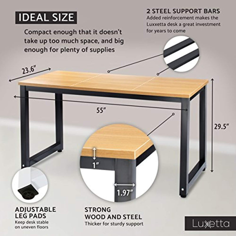 Luxxetta Office Computer Desk – 55” x 23” White Laminated Wooden Particleboard Table and Black Powder Coated Steel Frame - Work or Home – Easy Assembly - Tools and Instructions Included