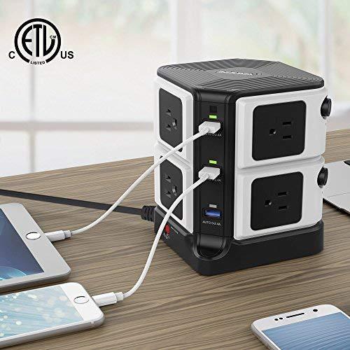 BESTEK Power Strip Tower 8-Outlet and 6 Smart USB Charging Ports 1500 Joules Surge Protector with 6 Feet Extension Cord ETL Listed
