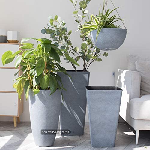 La Jolíe Muse Tall Planters 26 Inch Large Flower Pots Pack 2, Indoor and Outdoor Patio Deck Resin Rectangular Planters, Weathered Gray