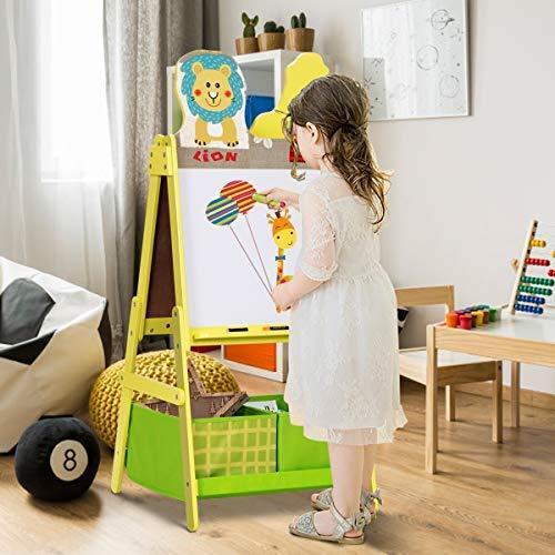 Evergreen Art Supply Kids Art Easel, 3 in 1 Double Durable Sided Art Easel with Chalk Board & Paper Roll, Two Storey Storage Space with Two Storage Bins