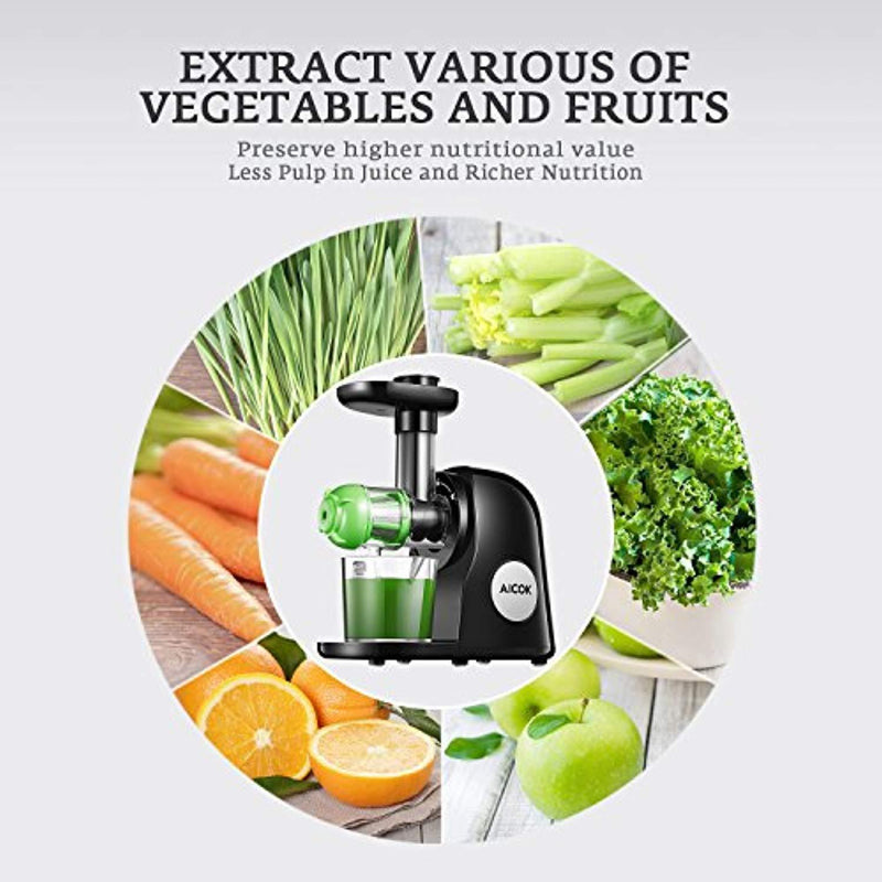 Juicer Machines, Aicok Slow Masticating Juicer Extractor Easy to Clean, Quiet Motor & Reverse Function, BPA-Free, Cold Press Juicer with Brush, Juice Recipes for Vegetables and Fruits