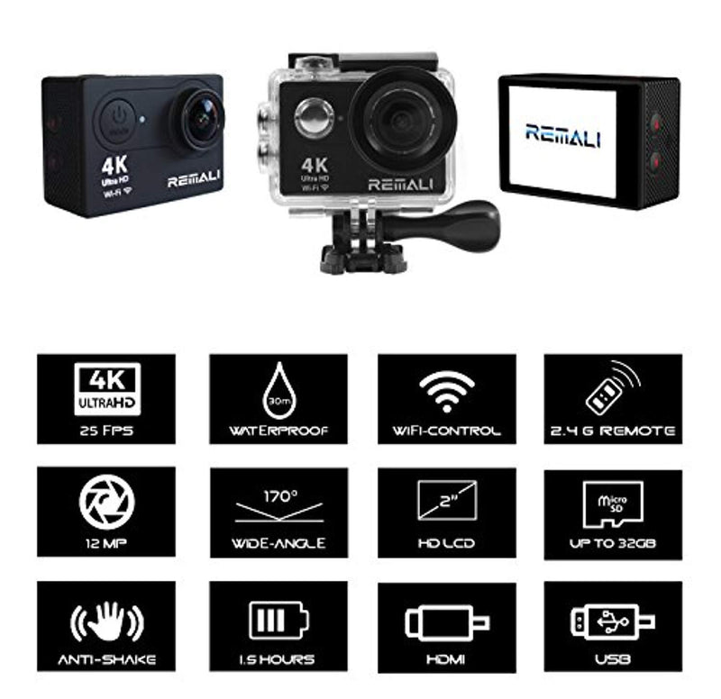 REMALI 4K Ultra HD Sports Action Camera, 1080P@60fps, 12MP, WIFI, Waterproof 30m, 2.4G Remote, 170° Wide Angle, 2” HD LCD Screen, 6 Layer Lens, Extra Battery, Charger, Carrying Case, Accessories