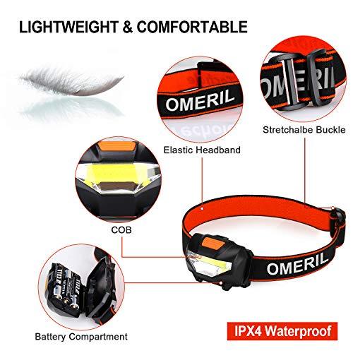 OMERIL Headlamp Flashlight, 2 Packs Super Bright LED Headlamp with 3 Modes, 6 x AAA Battery Operated(Included), Waterproof COB Head Lamp for Kids & Adults, Camping, Hiking, Cycling, Running, Fishing