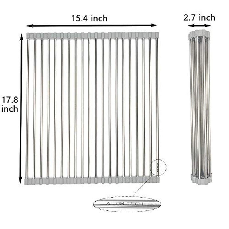 17.7" x 15.5" Large Dish Drying Rack, Attom Tech Home Roll Up Dish Racks Multipurpose Foldable Stainless Steel Over Sink Kitchen Drainer Rack for Cups Fruits Vegetables