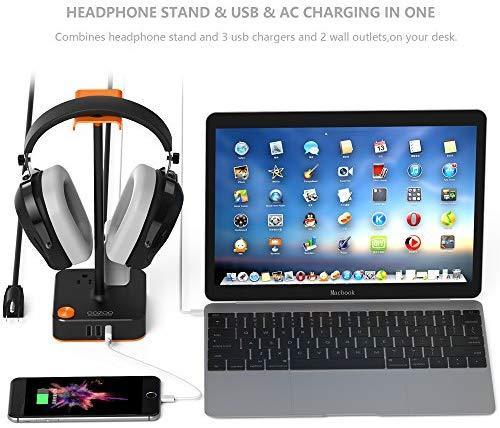 Headphone Stand with USB Charger COZOO Desktop Gaming Headset Holder Hanger with 3 USB Charger and 2 Outlets - Suitable for Gaming, DJ, Wireless Earphone Display (Black)