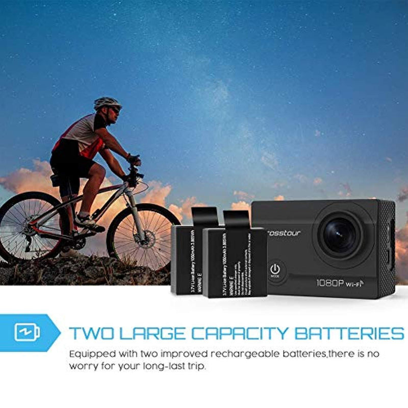 Crosstour CT7000 Action Camera 1080P 12MP WiFi Underwater Sports Cam 170 Degree Ultra Wide-Angle with 2 PCS Rechargeable Batteries and Mounting Accessories Kit