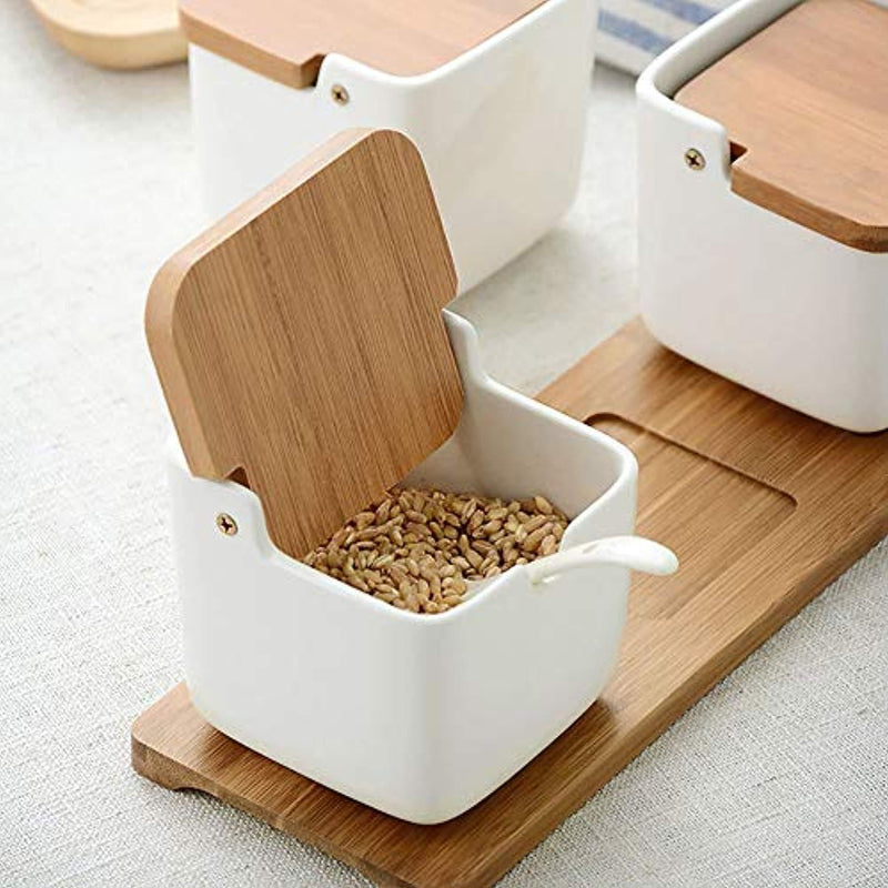Ceramic Condiment Containers Spice Jars with spoon - Bamboo Spice Containers with Lids, Sugar Storage Container and Salt Seasoning Box for Kitchen and Home, White, 250ML (8.54OZ), Set of 3