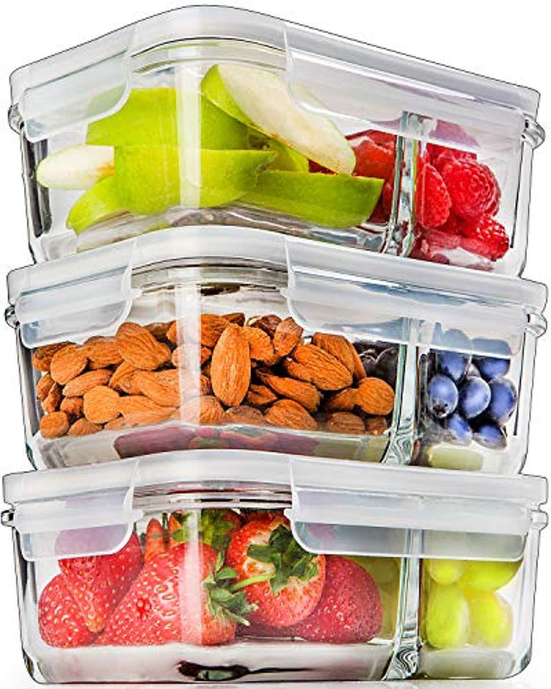 [3 Pcs] Glass Meal Prep Containers Glass 2 Compartment - Glass Food Storage Containers - Glass Storage Containers with Lids - Divided Glass Lunch Containers Food Container - Glass Food Containers 29oz