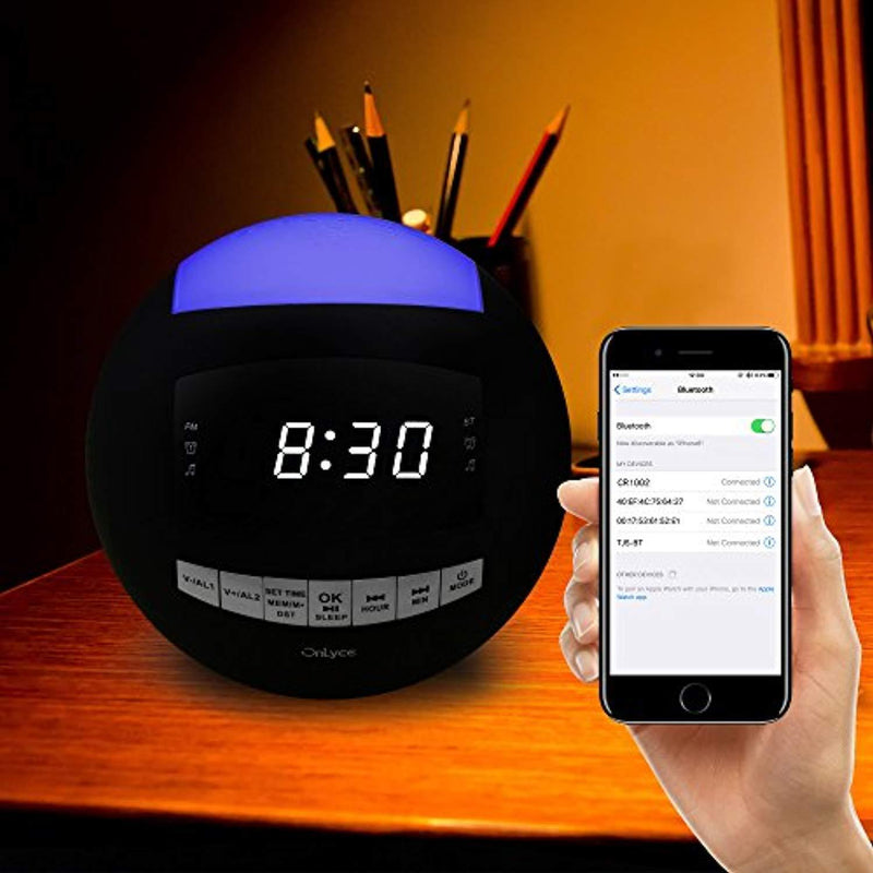 OnLyee Bluetooth Alarm Clock Radio, AM FM Radio, Digital LED, 7 Colored Night Light, AUX, Speaker, Dual USB Chargers, Dual Alarms - Kids Desk Kitchen Bedroom and Heavy Sleepers