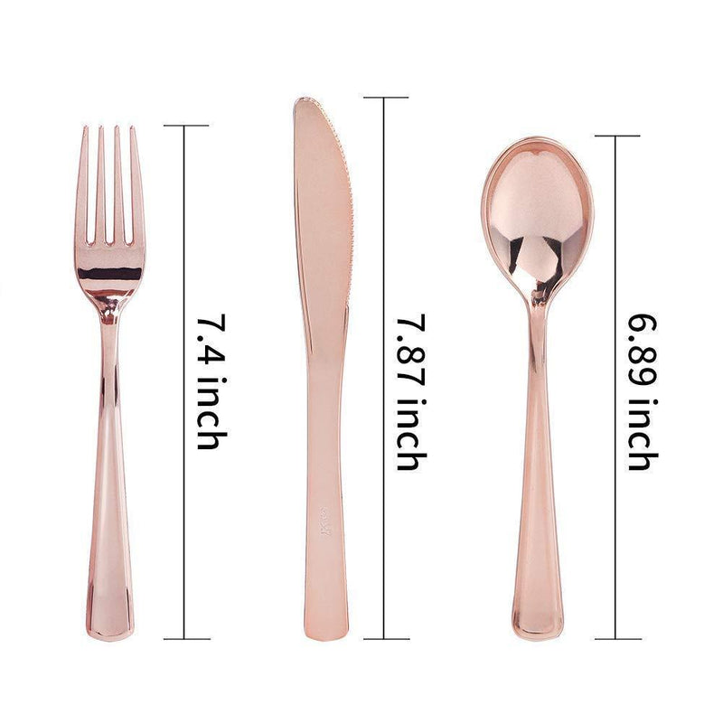 Modern Dining | 300 Rose Gold Plastic Silverware Cutlery Heavyweight Premium Quality Disposable Flatware Set Perfect Utensils for Weddings & Dinner Parties | 100 Forks, 100 Spoons, 100 Knives