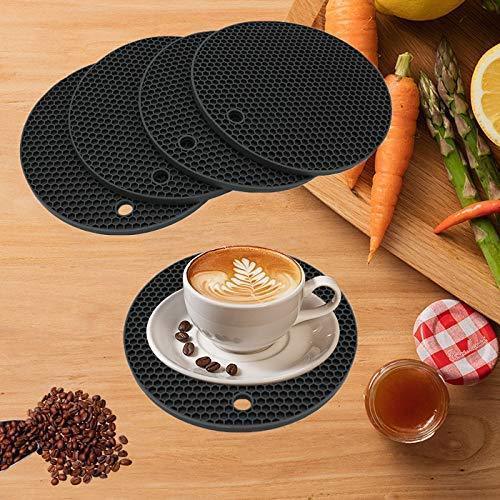 7“×7”Square silicone Silicone heat resistant trivet Trievt mat Jar opener Flexible Insulation High temperature resistant Dishwasher Food grade Saety (4 Pack black)