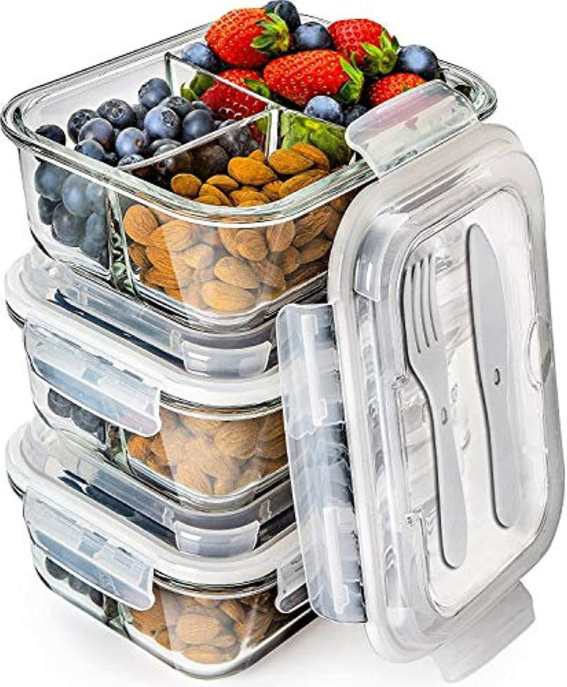 Glass Meal Prep Containers 3 Compartment - Bento Box Containers Glass Food Storage Containers with Lids - Food Containers Food Prep Containers Glass Storage Containers with lids Lunch Containers 3pk