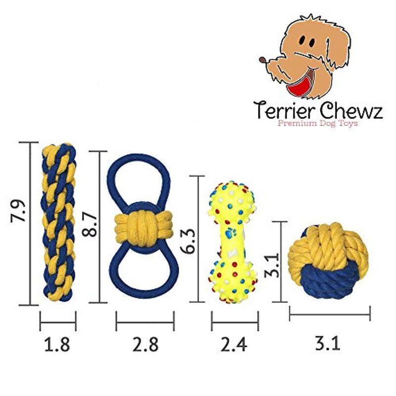 Premium Indoor and Outdoor Dog Toys Set by Terrier Chewz. Suitable Rope and Rubber Chew Toys for Small Breed Dogs and Puppys. Durable and Washable. Pack of 8