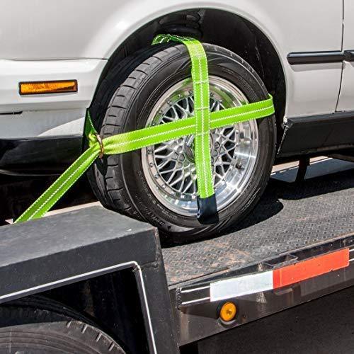 VULCAN High-Viz Adjustable Loop Auto Tie Downs with Snap Hook - 3300 lbs. Safe Working Load, 4 Pack - Easily Trailer Any Car, Truck, SUV, Jeep, Or Sportscar