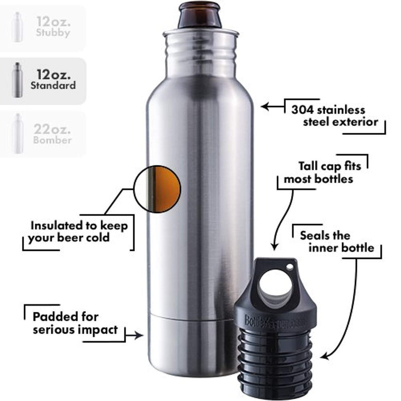 Stainless Steel Bottle - Best for Keeping Beverages Cold - Fits 12oz Bottles - Comes With Bottle Opener And Neoprene Carrying Case - Stainless Steel Bottle Insulator - Perfect Gift