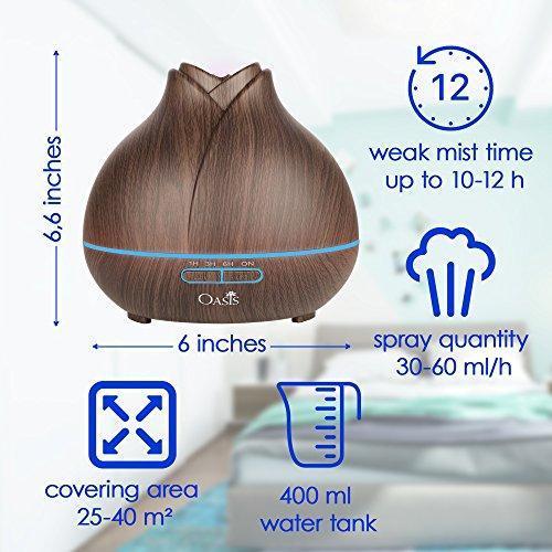 Oasis Essential Oil Diffuser (400ml) - Best Rated Aromatherapy Diffuser - Cool Mist Humidifier with Adjustable Mist Mode and 7 Color Changing LED Lights - Ultrasonic Humidifier (Light Wood Grain)