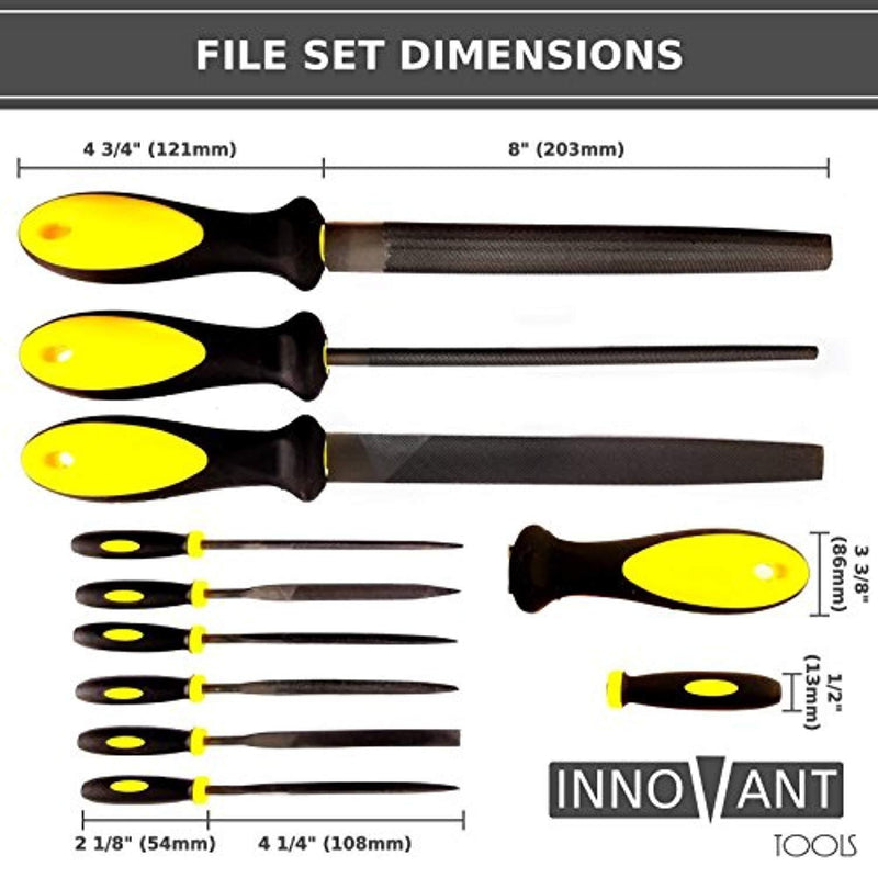 INNOVANT 9 Piece Premium Grade High Carbon Hardened Steel File Set W/ Comfortable Rubber Hand Grip Handles - Round Rasp Half Round Flat & Needle Files Best For Shaping Wood / Metal & Sharpening Tools