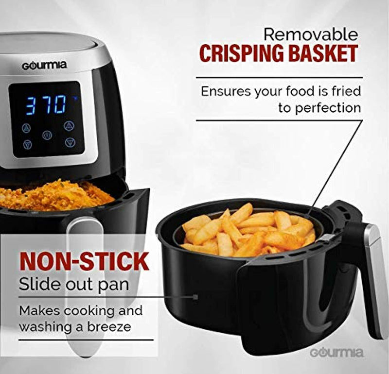 Gourmia GAF228 2.2 Qt Digital Air Fryer | Oil-Free Healthy Cooking | Digital Controls | Removable, Dishwasher-Safe Pan and Tray | Free Recipe Book Included