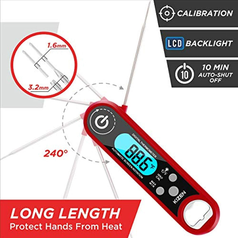 Kizen Instant Read Meat Thermometer- Waterproof Ambidextrous Thermometer with Backlight & Calibration. Digital Food Thermometer for Kitchen, Outdoor Cooking, BBQ, and Grill!