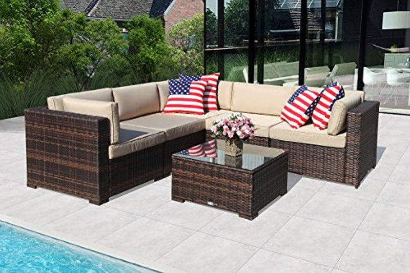 PATIOROMA Outdoor Furniture Sectional Sofa Set (6-Piece Set) All-Weather Brown PE Wicker with Beige Seat Cushions &Glass Coffee Table| Patio, Backyard, Pool| Steel Frame