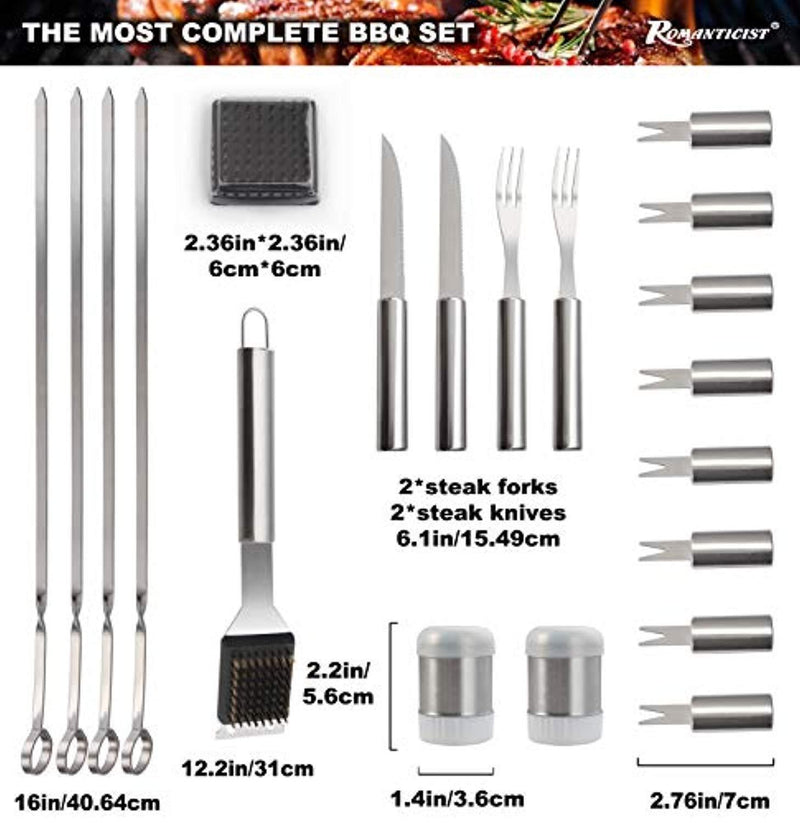 ROMANTICIST 27pc BBQ Grill Accessories Set with Thermometer for Men Women in Gift Box - Heavy Duty Stainless Steel Grill Utensils in Aluminium Case for Outdoor Camping Backyard Barbecue