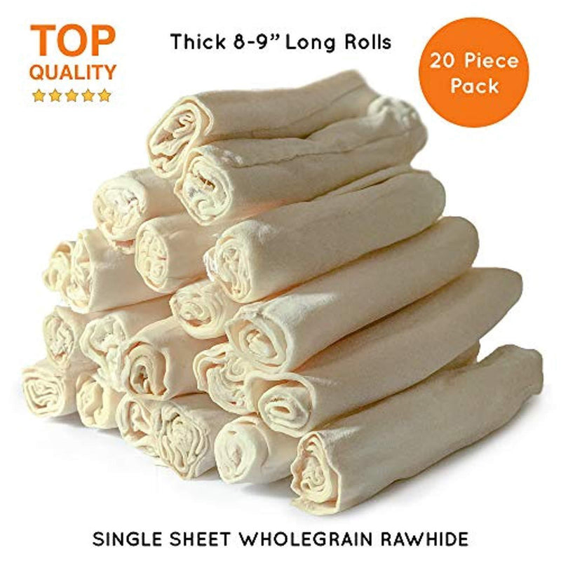Baxter Boy Premium Rawhide Roll for Dogs Natural Chews Extra Thick Treat – Large 8”– 9” (20 Pack)