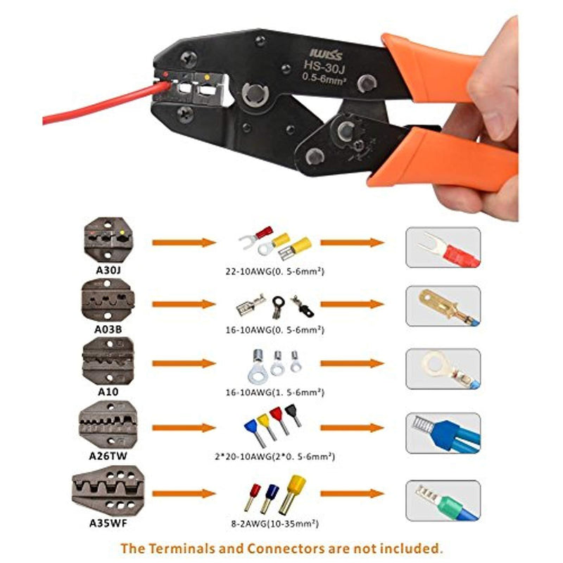 IWISS Crimping Tool Kits with Wire Stripper and Cable Cutters Suitable for Non-insulated & Insulated Cable End-sleeves Terminals or Ferrules with 5 Changeable Die Sets in Oxford Bag
