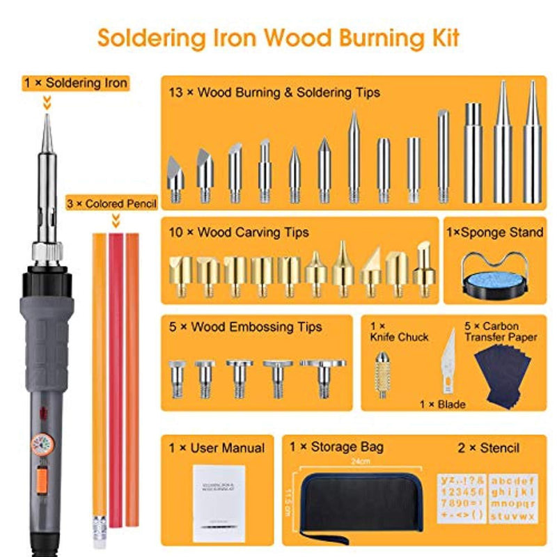 43PCS Wood Burning Kit, Woodburning Tool with Soldering Iron, Wood Burning/Soldering/Carving/Embossing Tips, Stand, Pencil, Carbon Transfer Paper, Stencil, Carrying Case by Holife