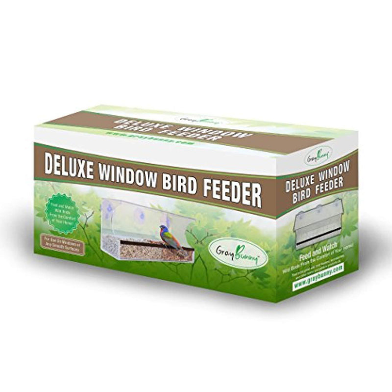 Gray Bunny GB-6850 Deluxe Clear Window Bird Feeder, Large Wild Birdfeeder with Drain Holes, Removable Tray, Super Strong Suction Cups, Transparent Viewing, Covered, High Seed Capacity, Rubber Perch