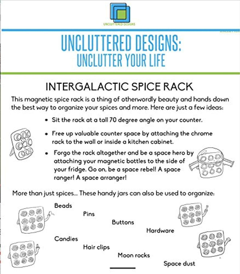 Uncluttered Designs Intergalactic Spice Rack Set with Magnetic Jars, Stand and Wall Mount (9 Tin)