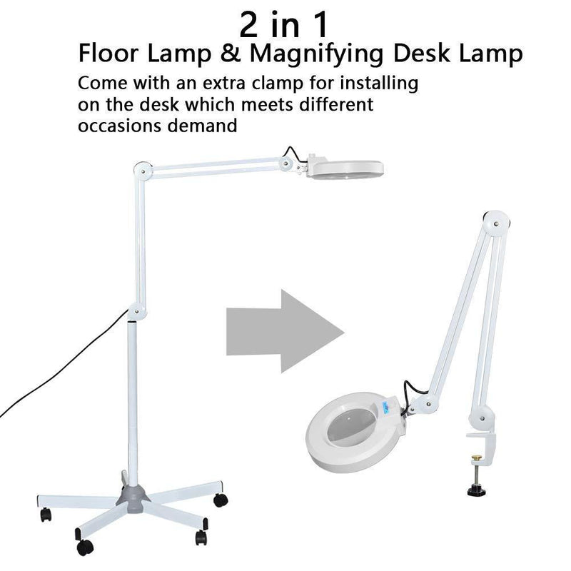 Opard Magnifying Lamp LED Floor Lamp with Magnifying Glass Light Clamp Stand Adjustable Arm for Reading, Close Work, Dental, Beauty