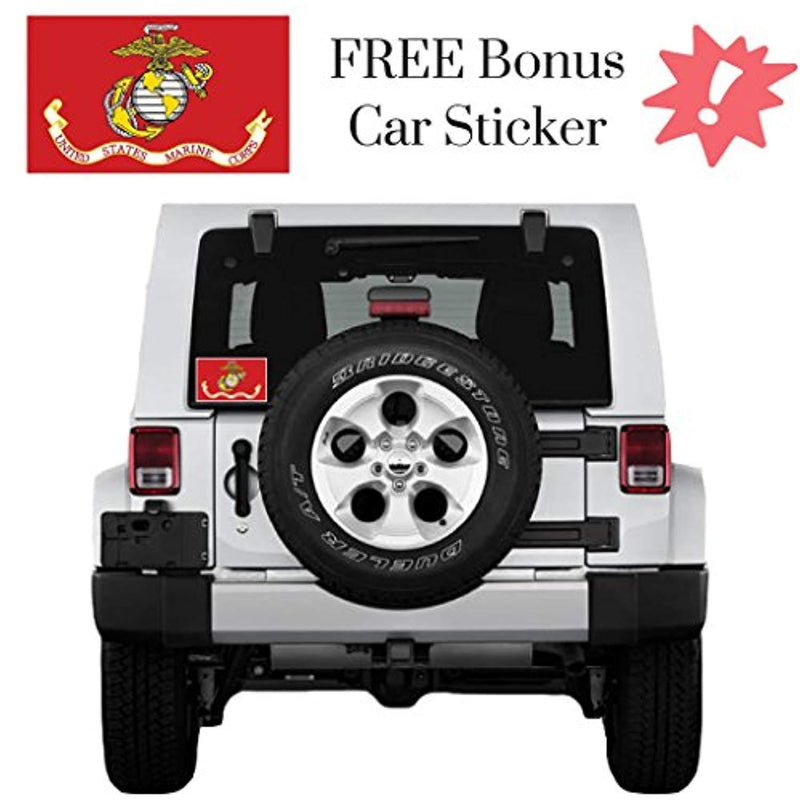 US Marine Corps Flag 3x5 for Outdoor Made in USA - All Weather USMC Flag with Magnificent Double-Sided Embroidery - UV Protected - Brass Grommets - Comes with Bonus Car Sticker