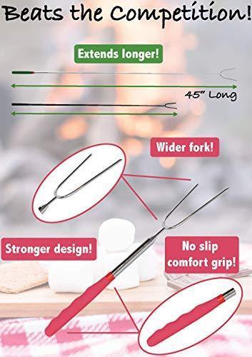 KBA Marshmallow Roasting Sticks 45" Long | Set of 8 | Telescoping Smores Sticks for Fire Pit 6 Colors and 2 Glow in The Dark, Kids Camping Accessories Kit with E-Book for Campfire Cooking Fun